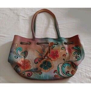 Anuschka Bucket Bag Purse Tropical Floral Hand-Painted Leather Drawstring EUC